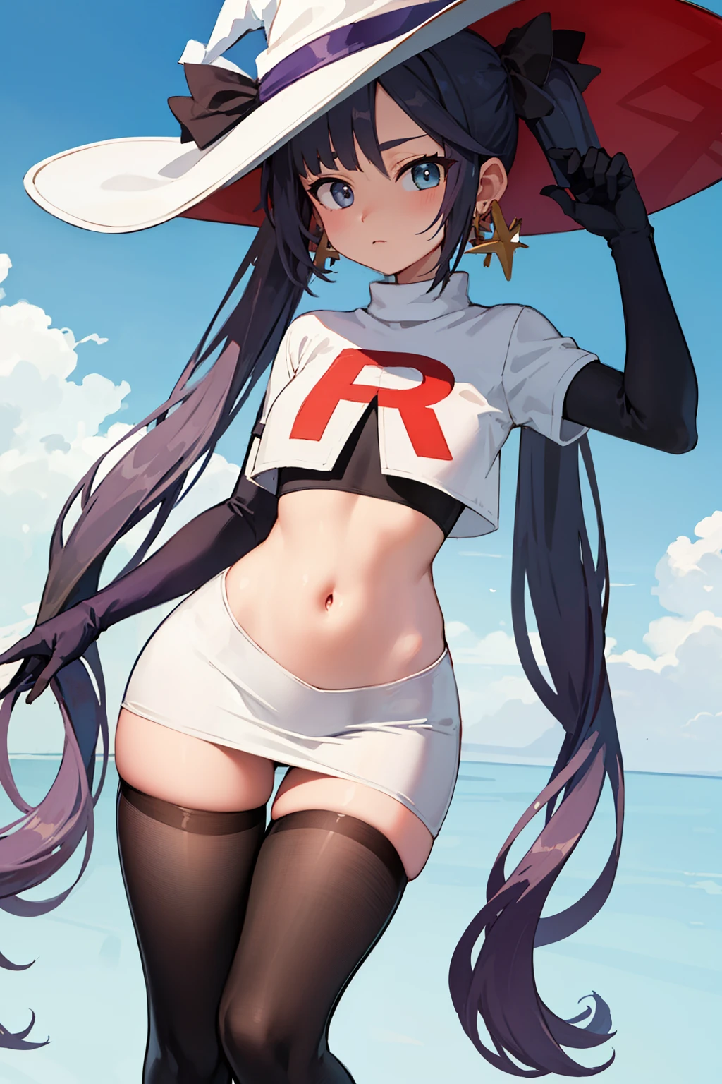 ((masterpiece,best quality)), team rocket,team rocket uniform, red letter R, white skirt,white crop top,black thigh-highs,black elbow gloves zettai ryouiki, aamona, long hair, twintails, hair ornament, black ribbon, earrings, witch hat, purple headwear, cowboy shot,