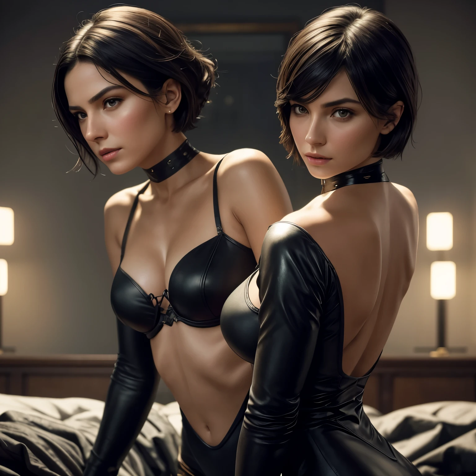 Isabela Merced with with friend, bob_cut hair, catwoman outfit, Instagram pattern pose, confident, big breasts: 1.3, perfect anatomy, perfect symmetry: 1.2, realistic face: 1.2, perfect face, content, confident, very detailed and dramatic, Cinematic lighting, Lighting scene, soft lights, tanned skin,Professional whole body photo, (Photo 4k:1.1) by (Jeremy Lipking:0.3), (Dittmann Anna:0.3), (Cecile:0.3), (sharp focus:1.3), high detail