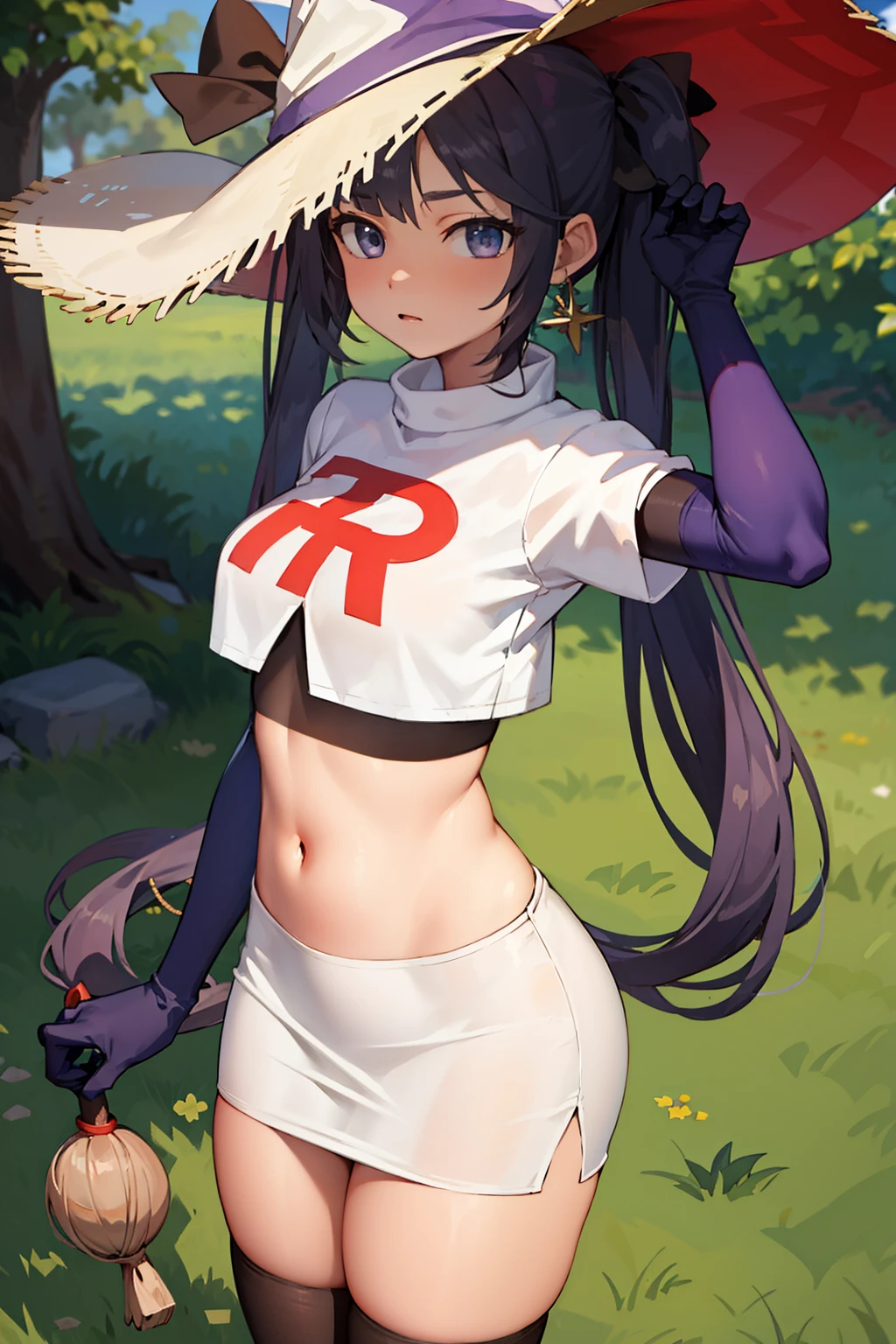 ((masterpiece,best quality)), team rocket,team rocket uniform, red letter R, white skirt,white crop top,black thigh-highs,black elbow gloves zettai ryouiki, aamona, long hair, twintails, hair ornament, black ribbon, earrings, witch hat, purple headwear, cowboy shot,