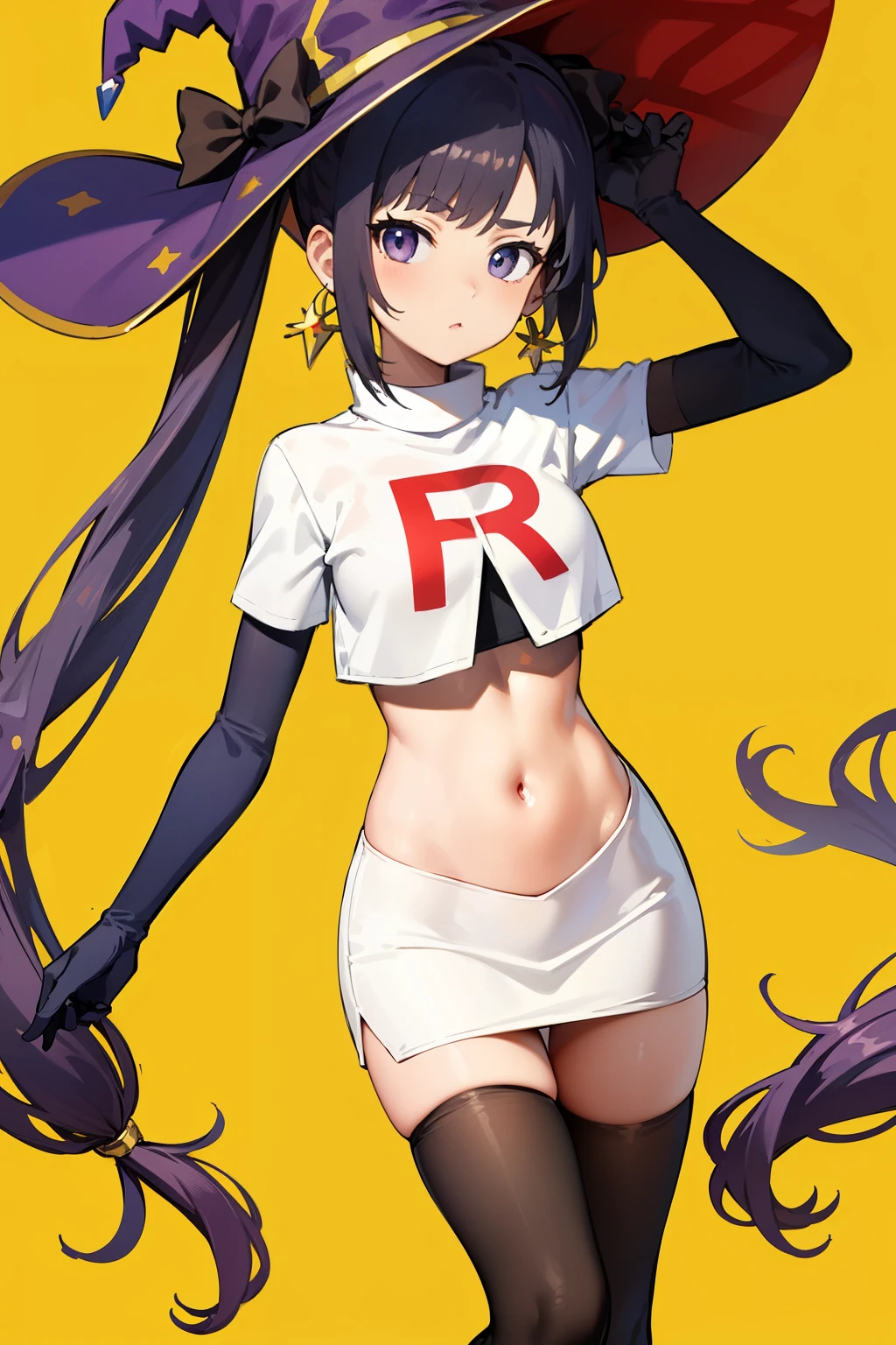 ((masterpiece,best quality)), team rocket,team rocket uniform, red letter R, white skirt,white crop top,black thigh-highs,black elbow gloves zettai ryouiki, aamona, long hair, twintails, hair ornament, black ribbon, earrings, witch hat, purple headwear, cowboy shot,