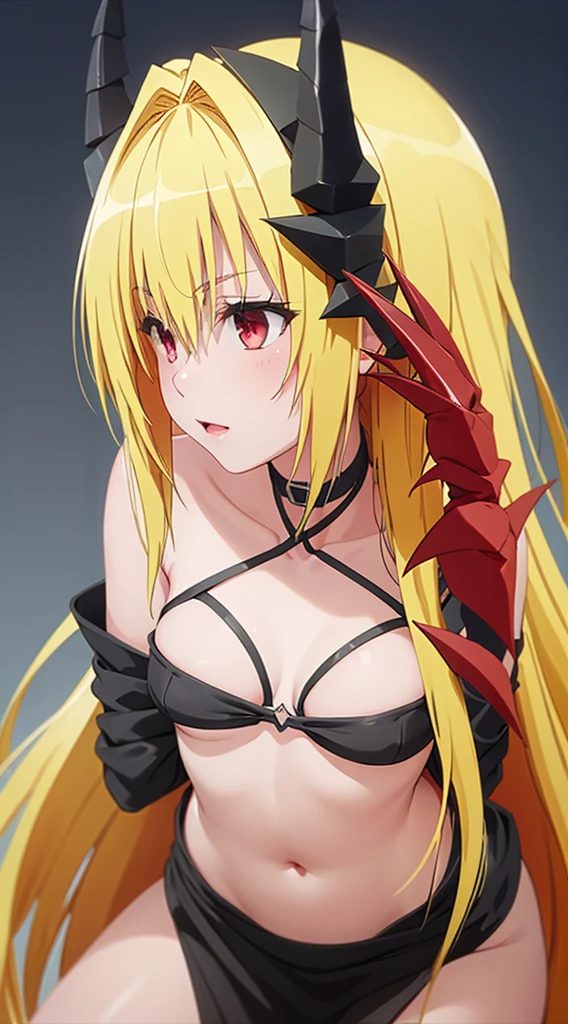 DarknessLora, blonde hair, red eyes, very long hair, horns, claws, choker, hair intakes, loincloth, profile, ((child:1.2)), (lean forward:1.5), ((close-up:1.2))