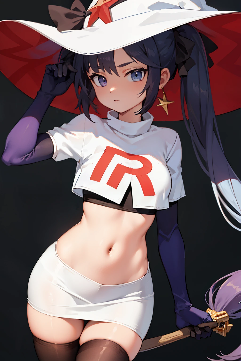 ((masterpiece,best quality)), team rocket,team rocket uniform, red letter R, white skirt,white crop top,black thigh-highs,black elbow gloves zettai ryouiki, aamona, long hair, twintails, hair ornament, black ribbon, earrings, witch hat, purple headwear, cowboy shot,
