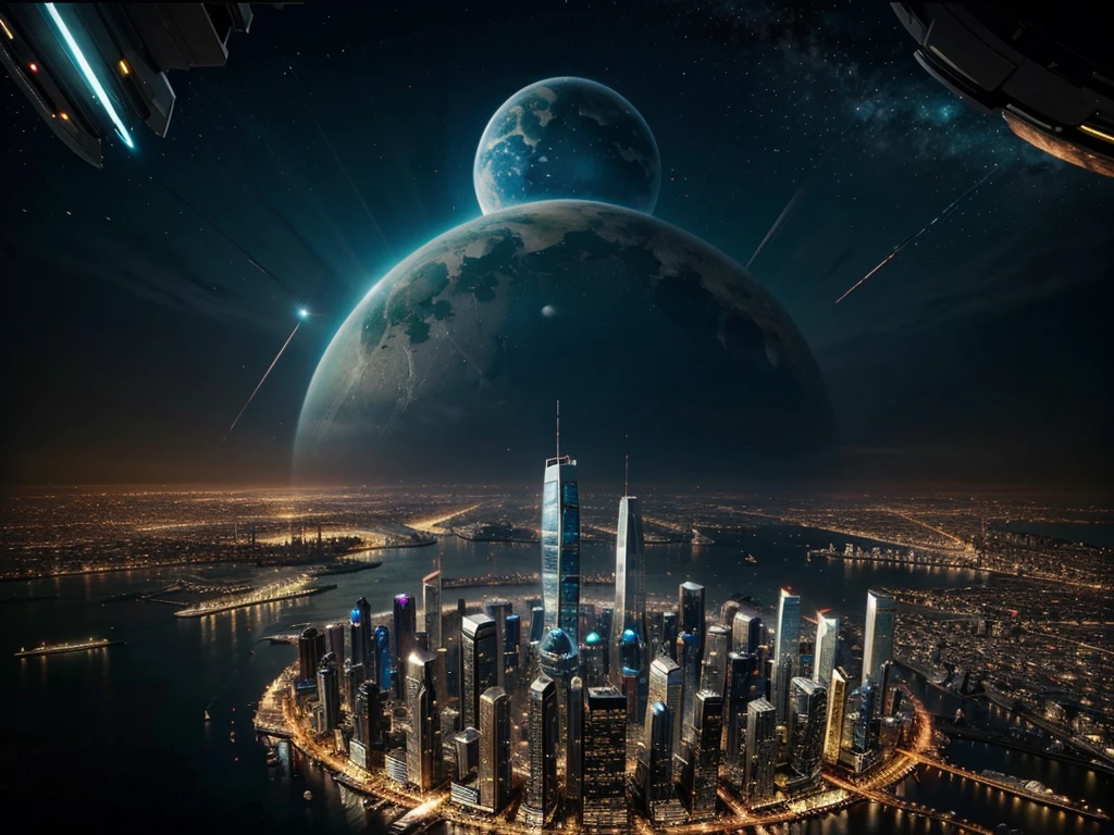 A futuristic city being destroyed with the image of a beautiful planet in the sky.