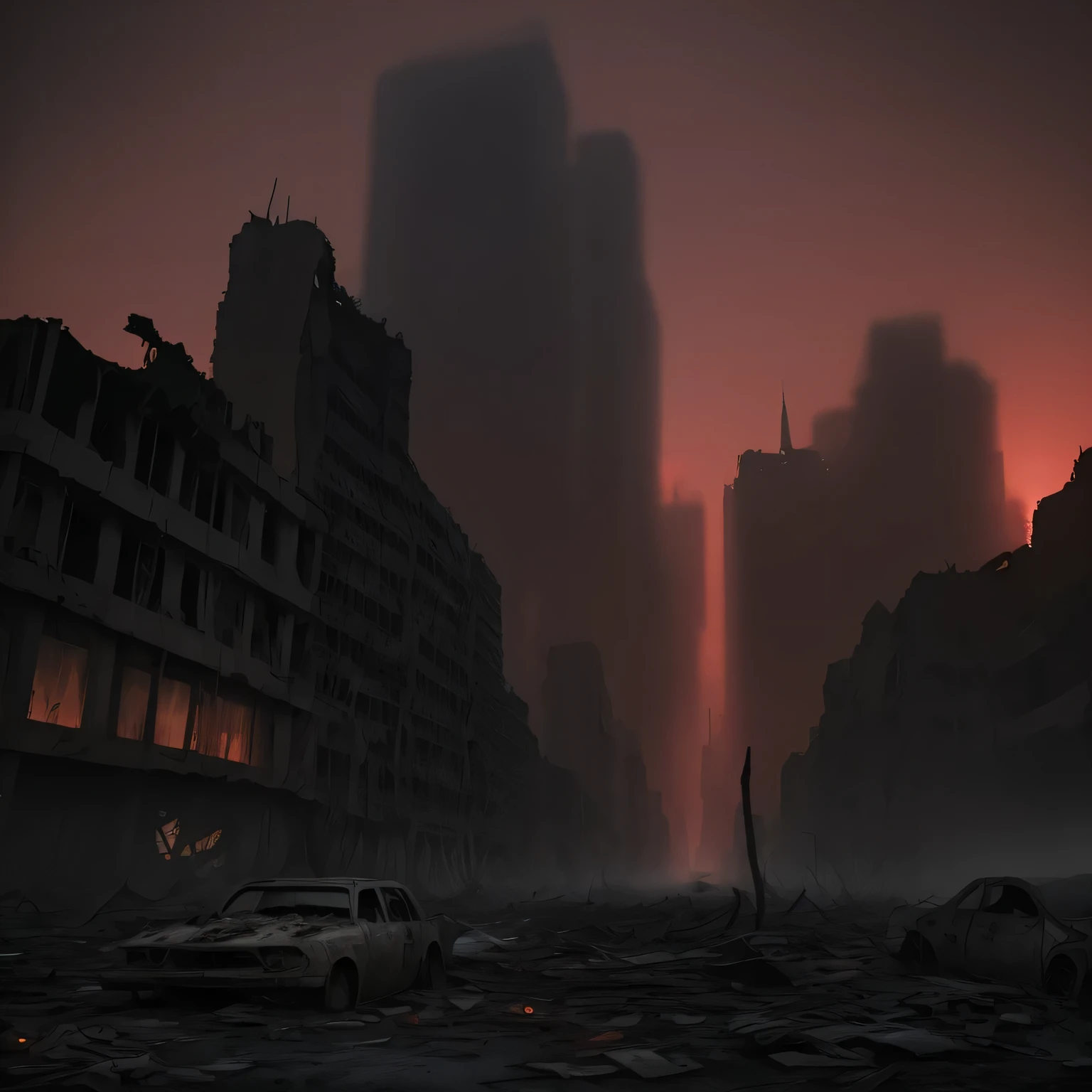 A city in ruins, shrouded in dust and debris, with abandoned cars and traces of destruction, and the red sky creates an atmosphere of chaos and despair