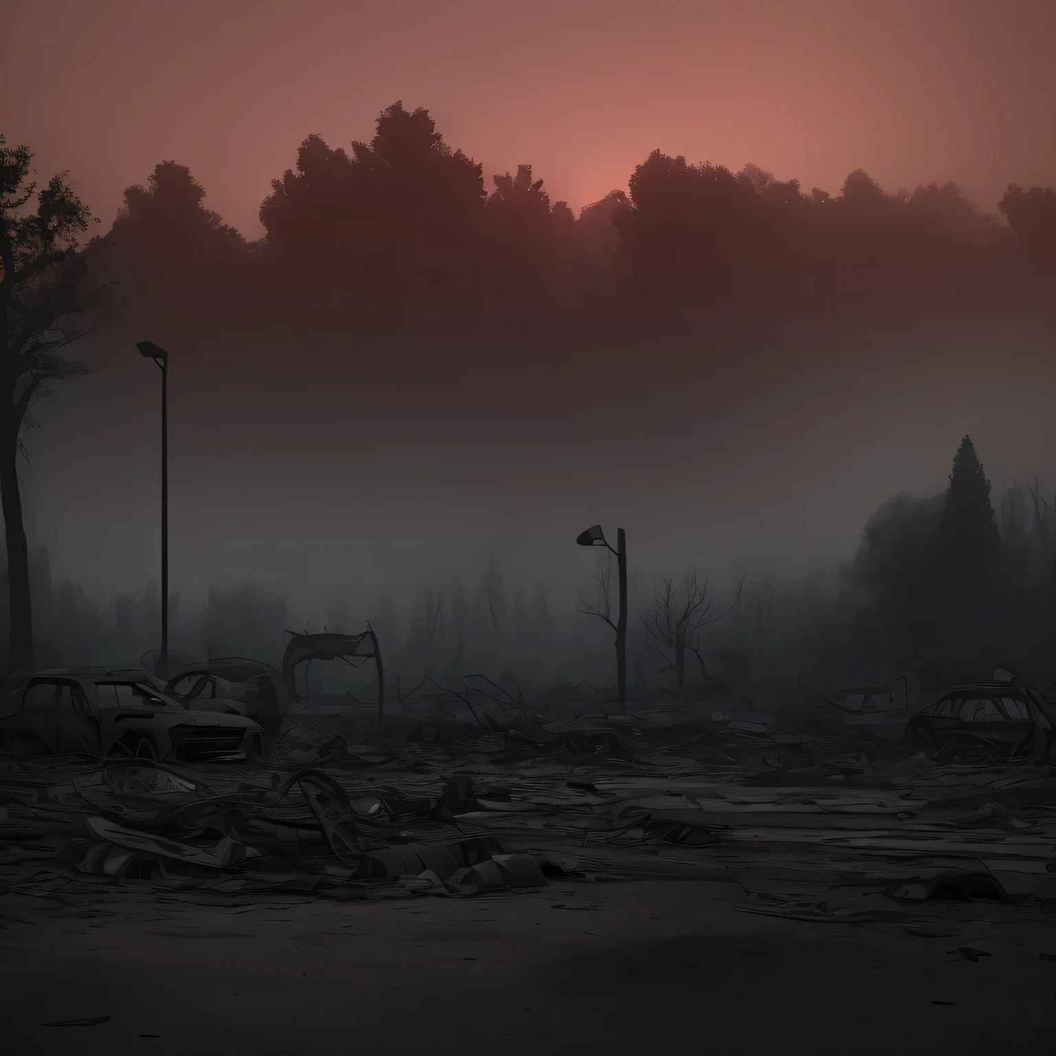 destroyed park with trees, shrouded in dust and debris, with abandoned cars and traces of destruction, and the red sky creates an atmosphere of chaos and despair