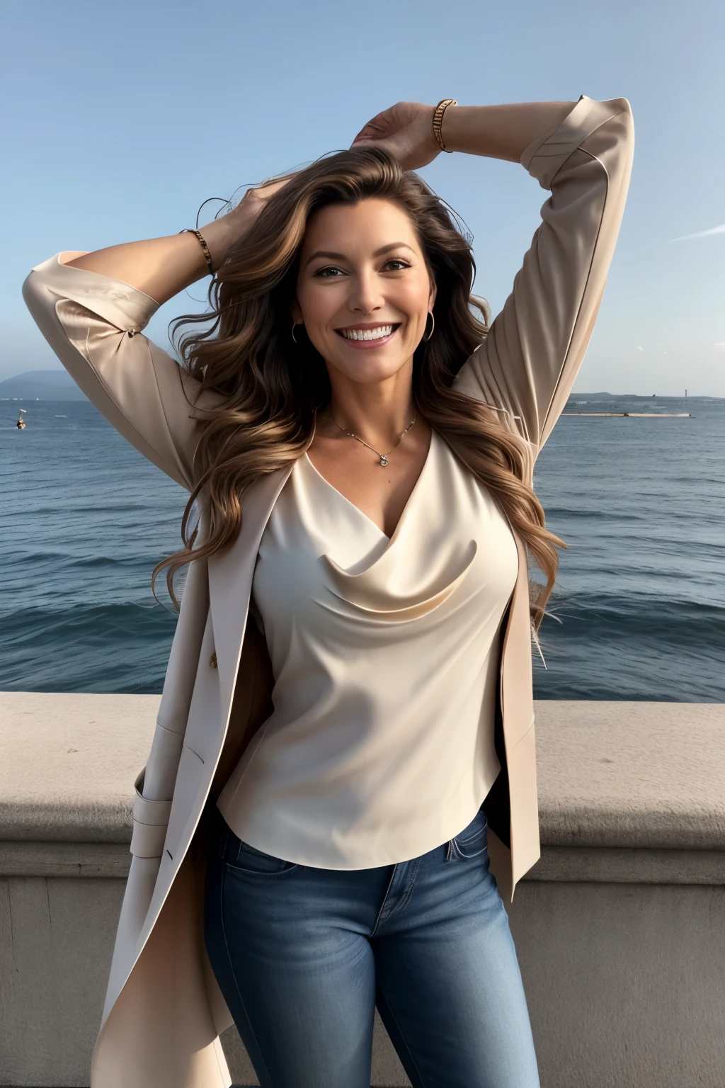 (RAW style, masterpiece, best quality, ultra-detailed), half body of a realistic 40-year-old woman with brown hair cascading down her shoulders, long and wavy, perfect features accentuated by natural makeup, clad in classic attire - a pristine white blouse and a brown jacket stylishly draped over her shoulders, jeans fitting comfortably, and matching shoes completing the ensemble. With a confident and welcoming smile, she turns to face the camera, arms outstretched in a graceful greeting to the sea of people in the background. The open-air festival bustles with energy, the sounds of music recitals and enthusiastic applause wafting through