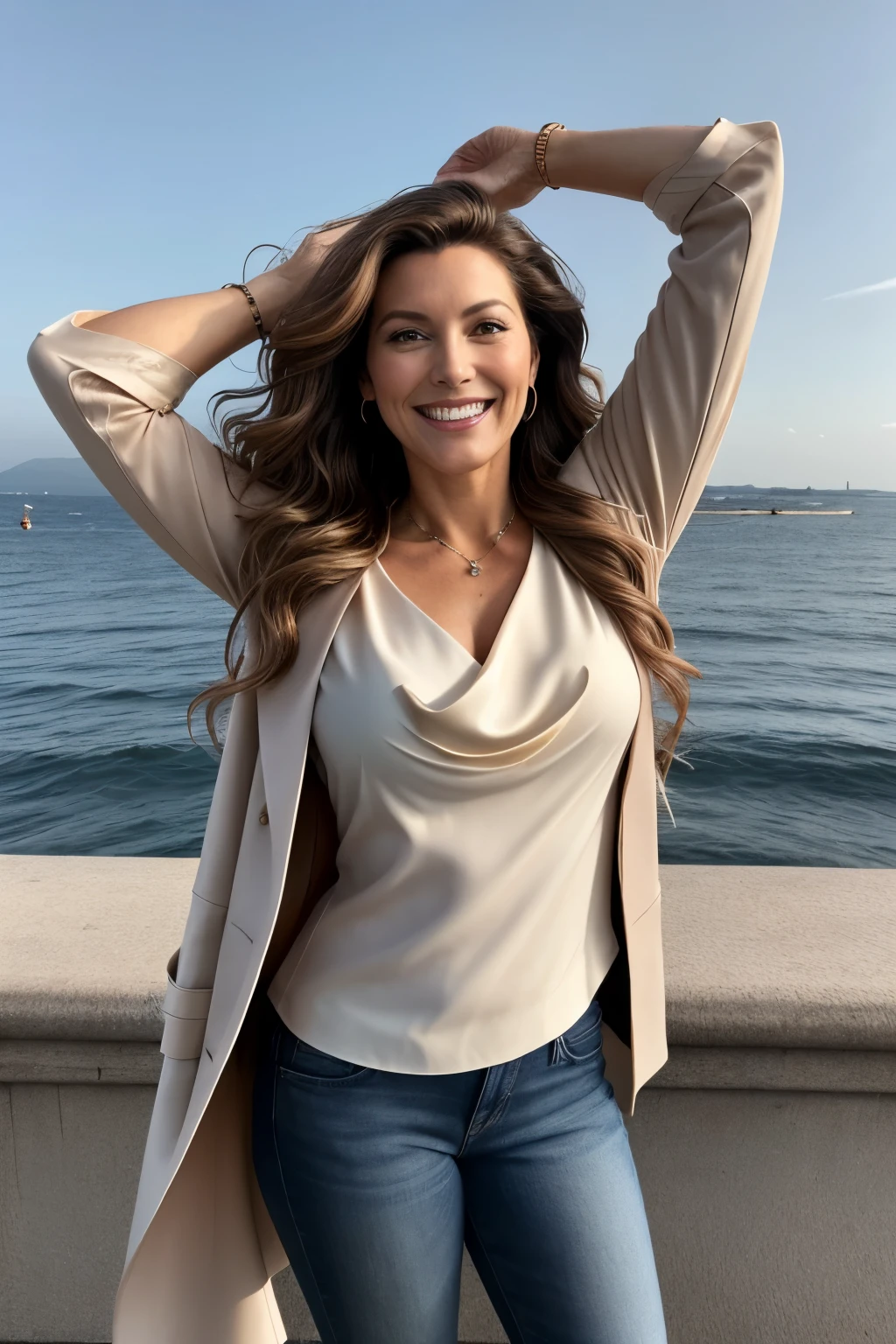 (RAW style, masterpiece, best quality, ultra-detailed), half body of a realistic 40-year-old woman with brown hair cascading down her shoulders, long and wavy, perfect features accentuated by natural makeup, clad in classic attire - a pristine white blouse and a brown jacket stylishly draped over her shoulders, jeans fitting comfortably, and matching shoes completing the ensemble. With a confident and welcoming smile, she turns to face the camera, arms outstretched in a graceful greeting to the sea of people in the background. The open-air festival bustles with energy, the sounds of music recitals and enthusiastic applause wafting through