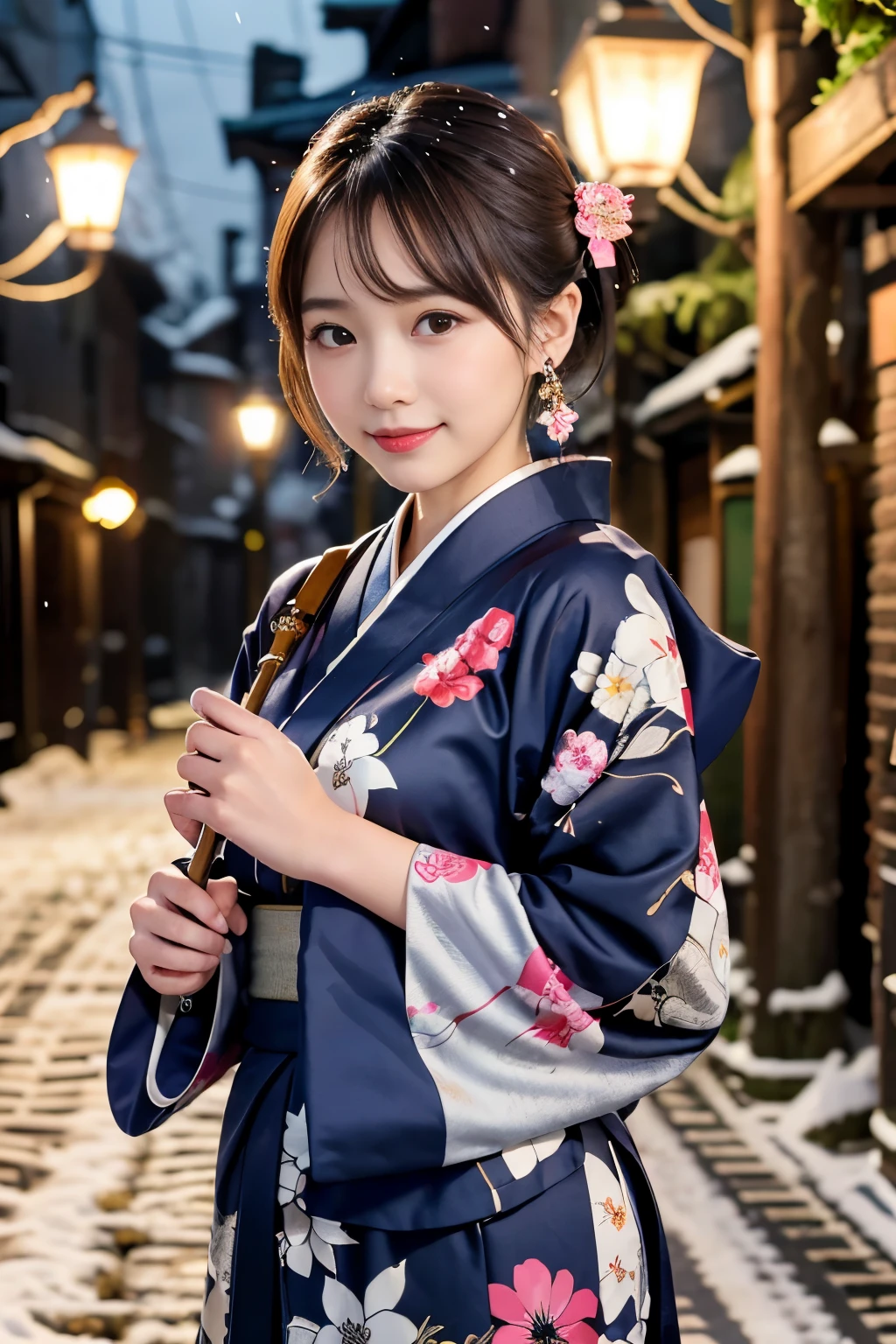 Japanese ID ,((cute ,baby face:1.2)),(8K, RAW photo, Super detailed, highest quality:1.2), (realistic, Photoreal:1.4), (very detailed, ultra high resolution ,beautiful, table top:1.2), ,very detailed顔と目,shiny skin,(Upper body:1.professional lighting,soft light, sharp focus, Depth of written boundary,medium hair,earrings, (Gorgeous floral-patterned long-sleeved kimono costume :1.3),( An old, cobblestone alleyway in a historic district during a gentle snowfall, illuminated by vintage street lamps:1.3)