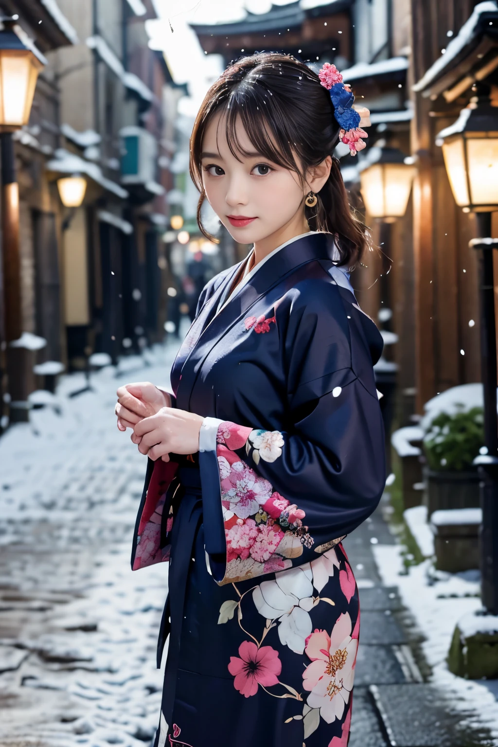 Japanese ID ,((cute ,:1.2)),(8K, RAW photo, Super detailed, highest quality:1.2), (realistic, Photoreal:1.4), (very detailed, ultra high resolution ,beautiful, table top:1.2), ,very detailed顔と目,shiny skin,(Upper body:1.professional lighting,soft light, sharp focus, Depth of written boundary,medium hair,earrings, (Gorgeous floral-patterned long-sleeved kimono costume :1.3),( An old, cobblestone alleyway in a historic district during a gentle snowfall, illuminated by vintage street lamps:1.3)