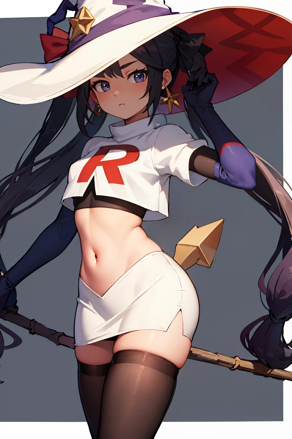 ((masterpiece,best quality)), team rocket,team rocket uniform, red letter R, white skirt,white crop top,black thigh-highs,black elbow gloves zettai ryouiki, aamona, long hair, twintails, hair ornament, black ribbon, earrings, witch hat, purple headwear, cowboy shot,