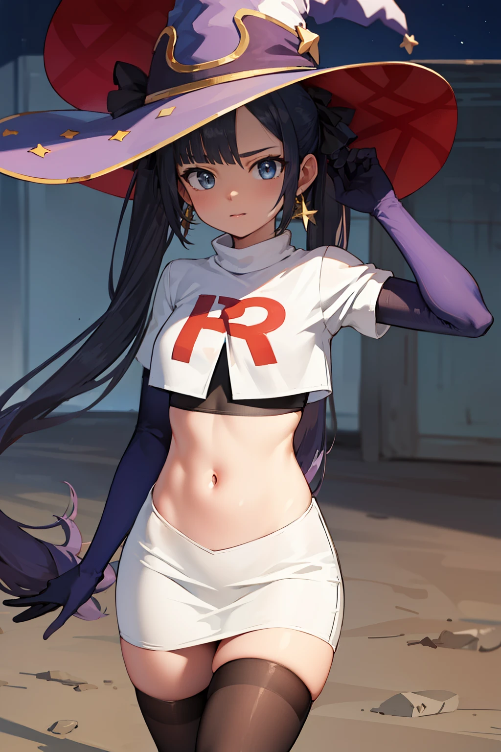 ((masterpiece,best quality)), team rocket,team rocket uniform, red letter R, white skirt,white crop top,black thigh-highs,black elbow gloves zettai ryouiki, aamona, long hair, twintails, hair ornament, black ribbon, earrings, witch hat, purple headwear, cowboy shot,