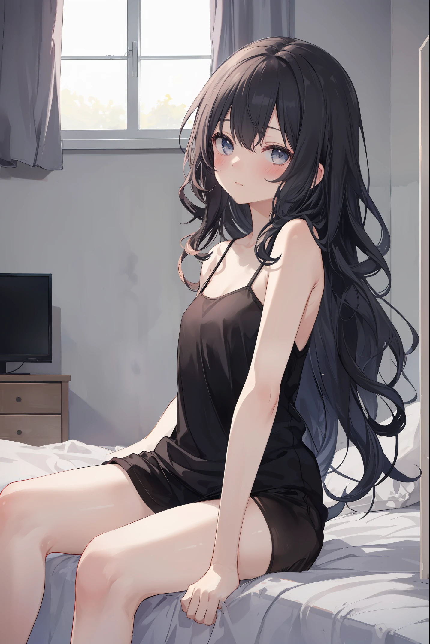 One girl, solo, long wavy hair down, black camisole, white skin, blush, (high definition, highest quality, depth of field), perfect illustration, indoors, in a cute room, in the center of the room A bed, (girl sitting on the bed: 1.2), add_detail:0.5