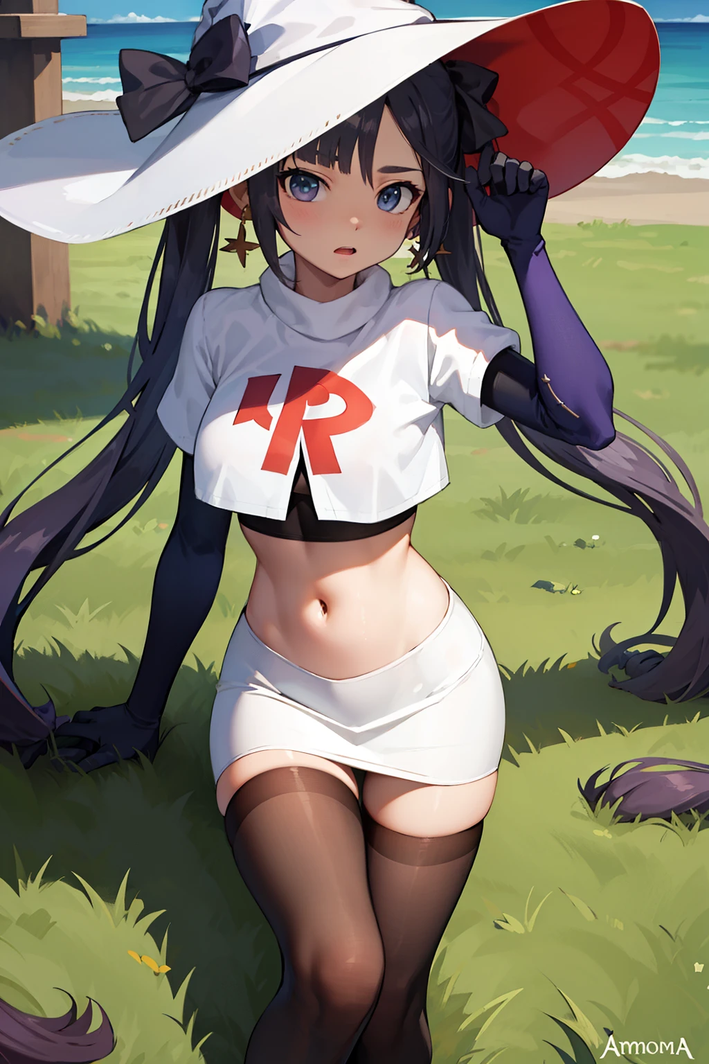 ((masterpiece,best quality)), team rocket,team rocket uniform, red letter R, white skirt,white crop top,black thigh-highs,black elbow gloves zettai ryouiki, aamona, long hair, twintails, hair ornament, black ribbon, earrings, witch hat, purple headwear, cowboy shot,