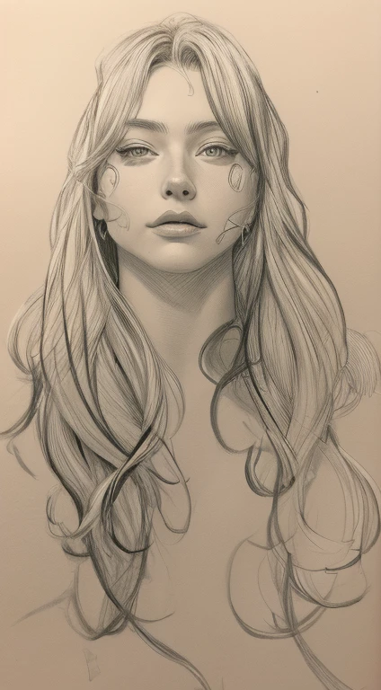 um desenho de uma mulher com cabelos longos e piercings, desenho desbotado, contorno sketch, sem sombreamento, detalhado, but rough, inspirado em Martine Johanna, desenho simples, matte sketch, a pencil drawing, detalhado - rosto!!, head and waist portrait, contorno, art sketch, desenho de menina, a manga drawing, retrato conceitual, contorno drawing