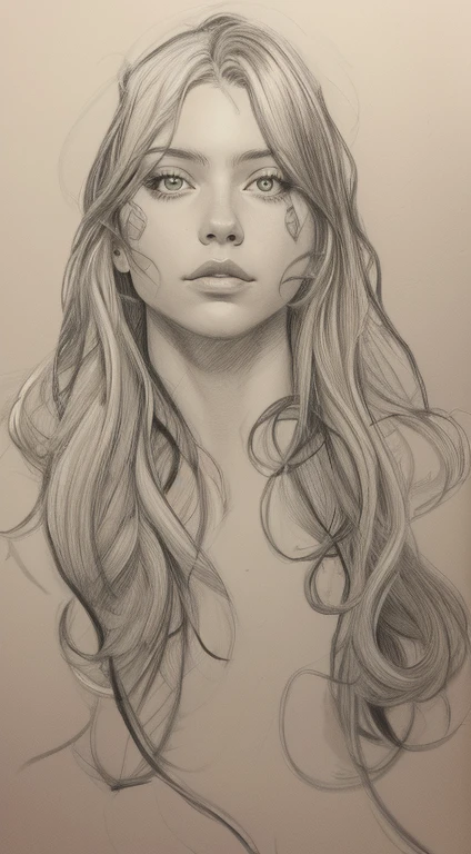 um desenho de uma mulher com cabelos longos e piercings, desenho desbotado, contorno sketch, sem sombreamento, detalhado, but rough, inspirado em Martine Johanna, desenho simples, matte sketch, a pencil drawing, detalhado - rosto!!, head and waist portrait, contorno, art sketch, desenho de menina, a manga drawing, retrato conceitual, contorno drawing
