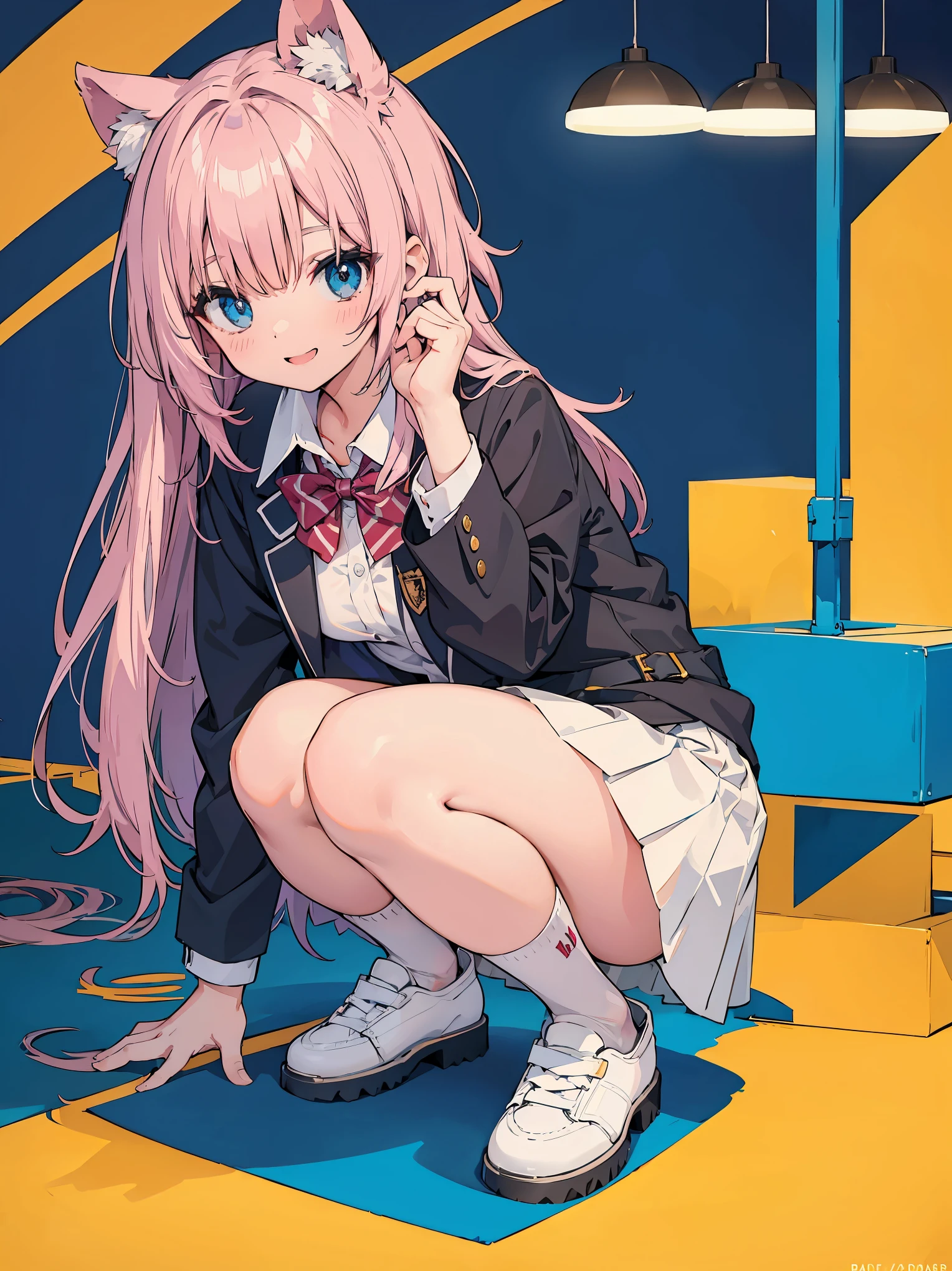 In one girl、smile、fun、High school blazer with popular design、shirt、pleated skirt、white skirt、(small breasts)Crouching panty shot、