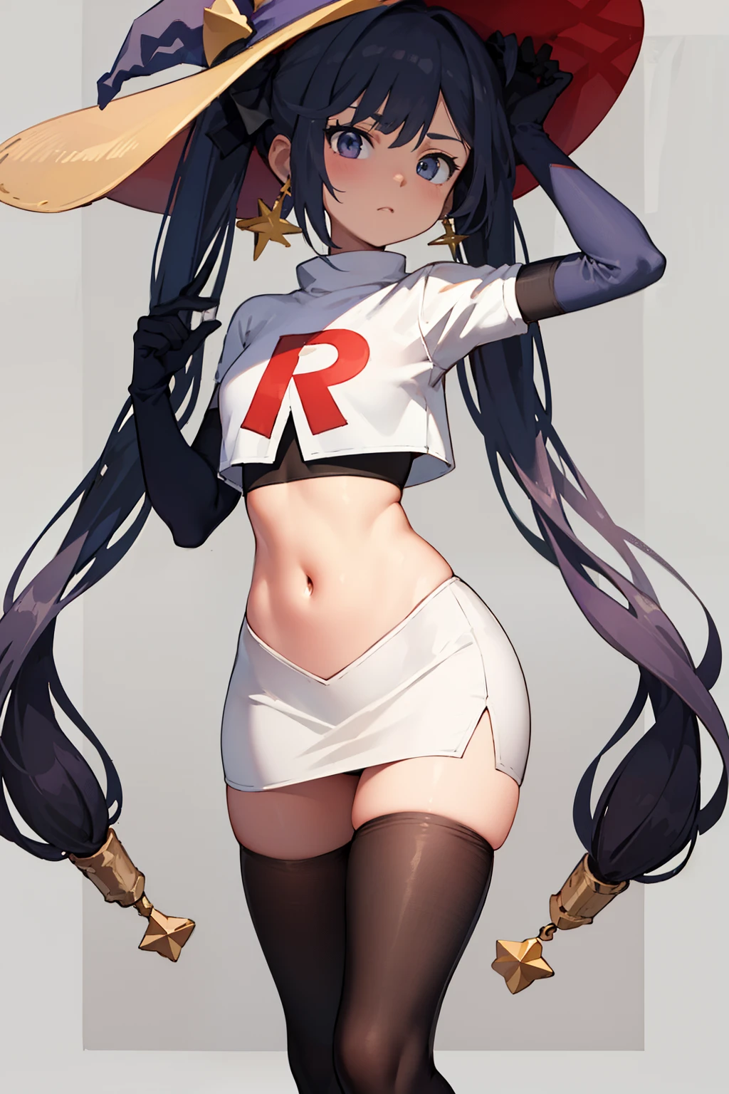 ((masterpiece,best quality)), team rocket,team rocket uniform, red letter R, white skirt,white crop top,black thigh-highs,black elbow gloves zettai ryouiki, aamona, long hair, twintails, hair ornament, black ribbon, earrings, witch hat, purple headwear, cowboy shot,