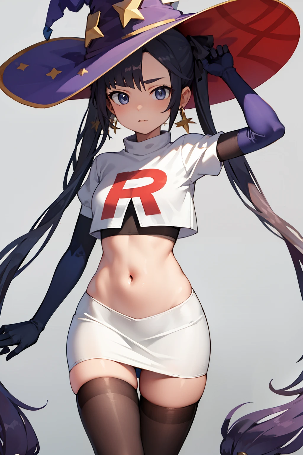 ((masterpiece,best quality)), team rocket,team rocket uniform, red letter R, white skirt,white crop top,black thigh-highs,black elbow gloves zettai ryouiki, aamona, long hair, twintails, hair ornament, black ribbon, earrings, witch hat, purple headwear, cowboy shot,