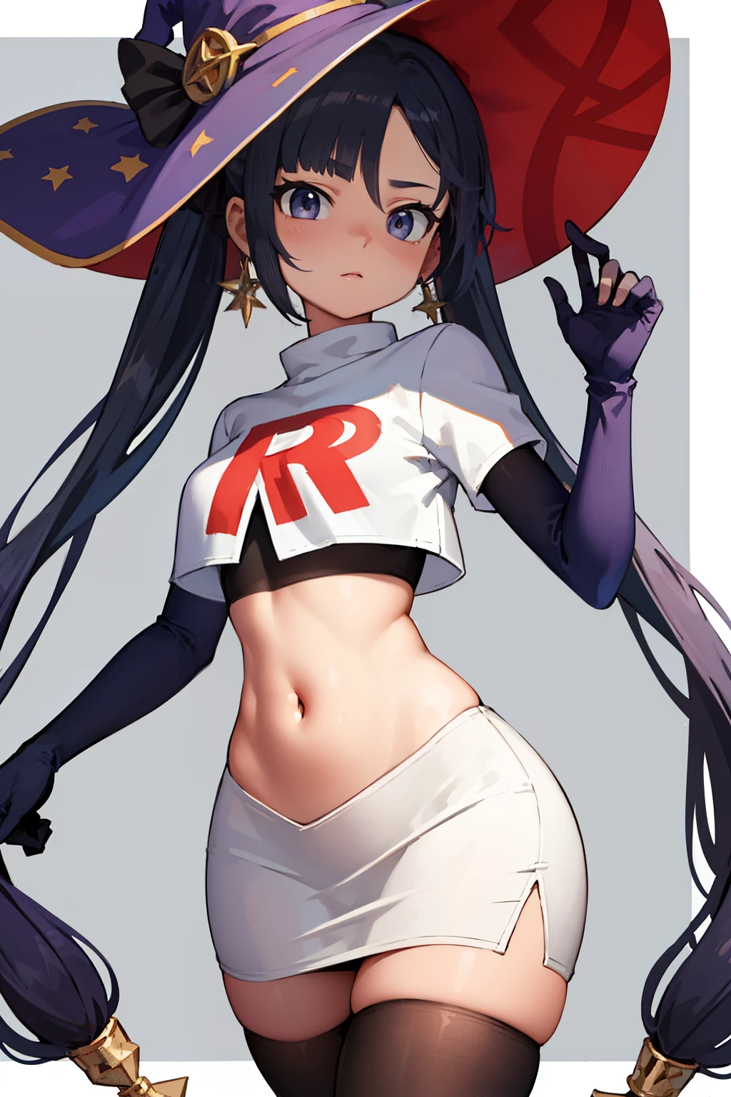((masterpiece,best quality)), team rocket,team rocket uniform, red letter R, white skirt,white crop top,black thigh-highs,black elbow gloves zettai ryouiki, aamona, long hair, twintails, hair ornament, black ribbon, earrings, witch hat, purple headwear, cowboy shot,