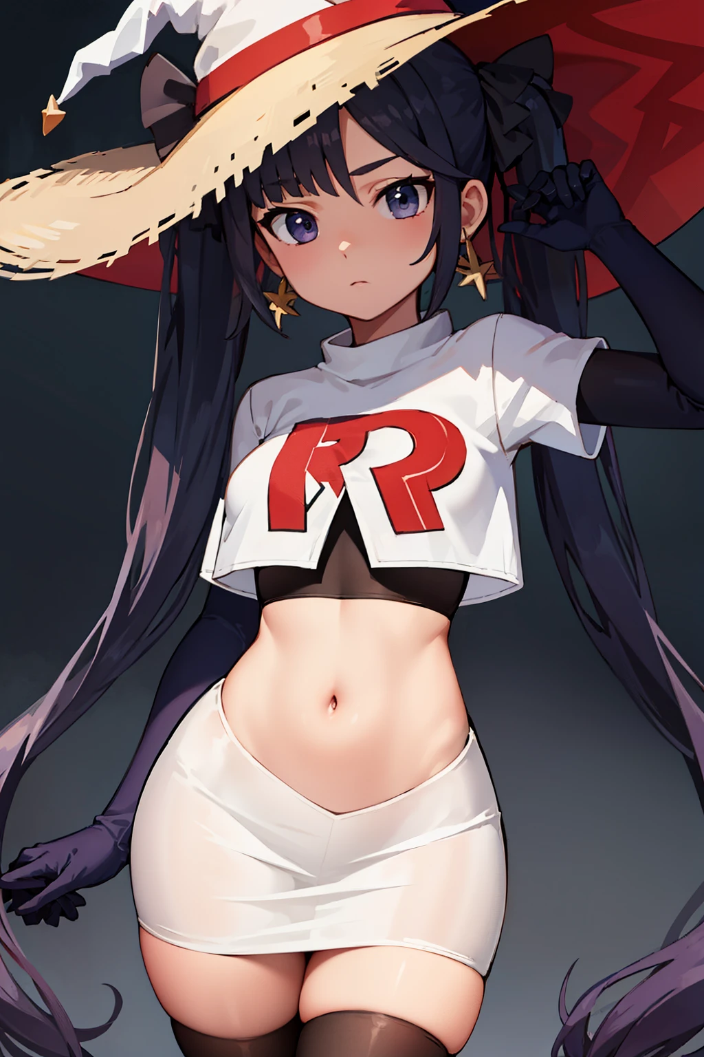 ((masterpiece,best quality)), team rocket,team rocket uniform, red letter R, white skirt,white crop top,black thigh-highs,black elbow gloves zettai ryouiki, aamona, long hair, twintails, hair ornament, black ribbon, earrings, witch hat, purple headwear, cowboy shot,