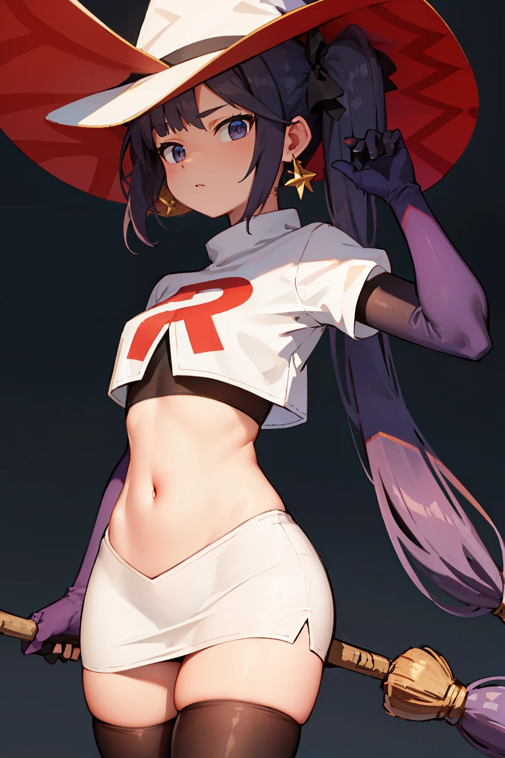 ((masterpiece,best quality)), team rocket,team rocket uniform, red letter R, white skirt,white crop top,black thigh-highs,black elbow gloves zettai ryouiki, aamona, long hair, twintails, hair ornament, black ribbon, earrings, witch hat, purple headwear, cowboy shot,