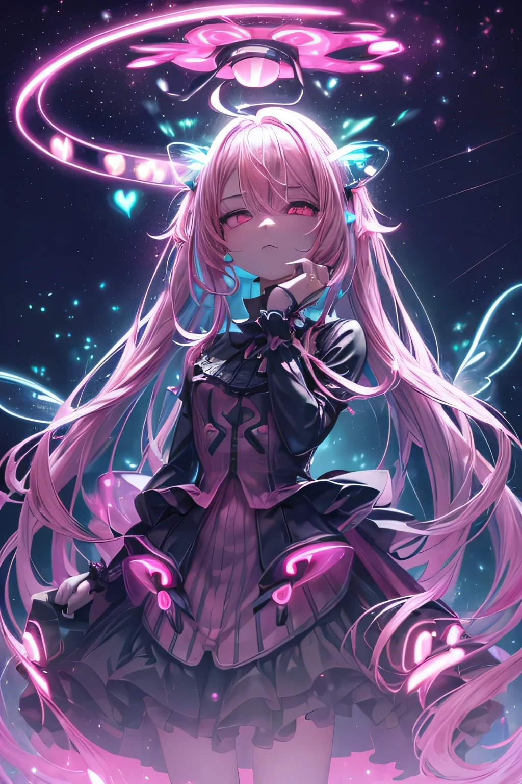 masterpiece, highest quality,(figure:1.0), 1 girl, (Gothic ta:1.2), (Black big wings:1.3),(((bioluminescence照明, pink light:1.5 ,pink lighting:1.5, shades of pink:1.5))) , (empty eyes:1.8, crazy eyes:1.3, Dark pupils:1.4), Glowing with black eyes, The sparkle of black hair:1.5, detailed background , (pink glass, Pink leaves), (cherry, glow in the dark cherry:1.5), (bioluminescent cherry:1.5. bioluminescence環境:1.5), Fluorescence environment, (((bioluminescence:1.5))), (((shining particles in the air:1.5, particles of light:1.5,))), Pink butterfly, ((night:1.5)), whole body, long hair, silver hair, Ahoge, pink eyes, emotionless, (cold attitude:1.2), half closed eyes,