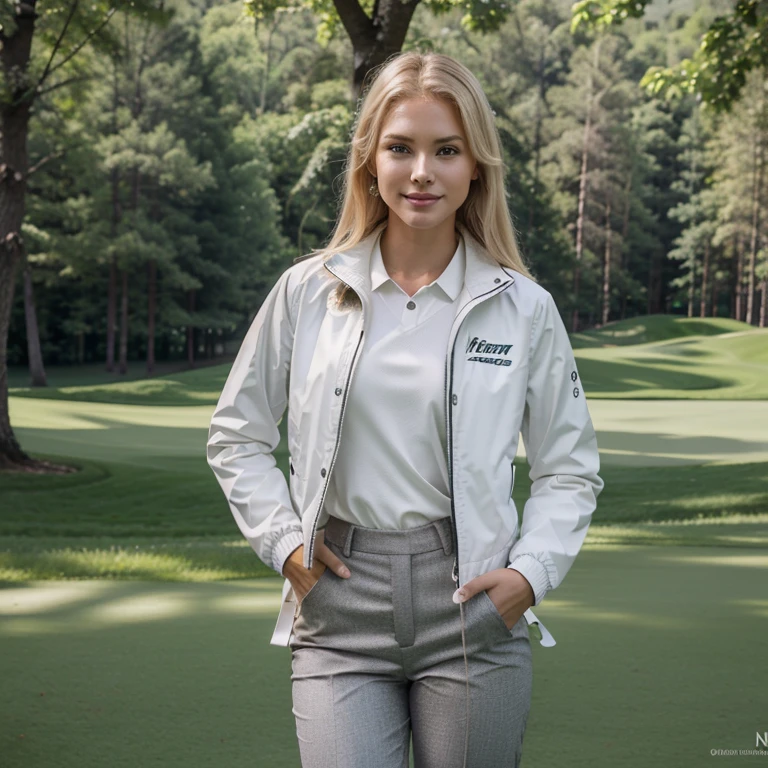 Nikon Z 85mm, Beautiful, one Petite 20-year-old elegant high-class supermodel, ((blond hair)), Bright gray eyes, ((High detailed skin, Skin Details)), Sharp Focus, 8K UHD, Digital SLR, High quality masterpiece, gorgeous russian face,  wearing makeup, photo realistic, ((wearing white golf jacket and long pants)). smiling. Standing on a green golf course. 