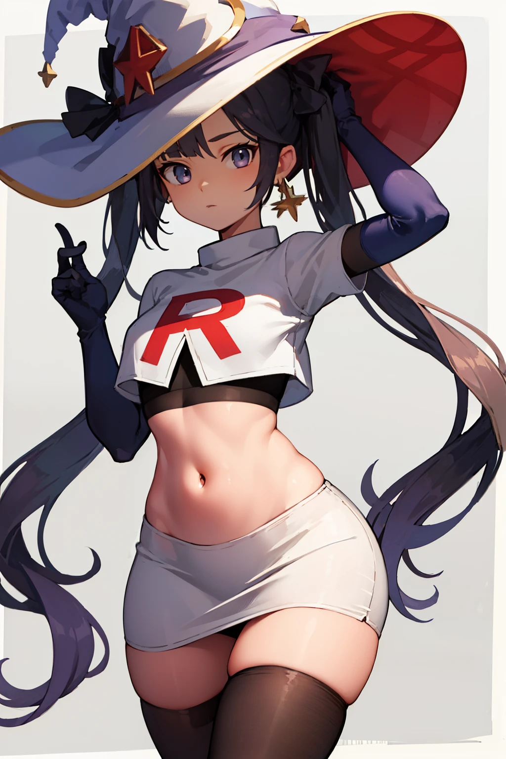 ((masterpiece,best quality)), team rocket,team rocket uniform, red letter R, white skirt,white crop top,black thigh-highs,black elbow gloves zettai ryouiki, aamona, long hair, twintails, hair ornament, black ribbon, earrings, witch hat, purple headwear, cowboy shot,