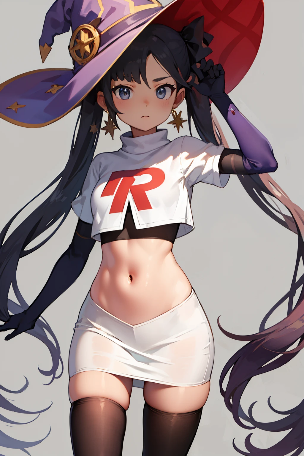 ((masterpiece,best quality)), team rocket,team rocket uniform, red letter R, white skirt,white crop top,black thigh-highs,black elbow gloves zettai ryouiki, aamona, long hair, twintails, hair ornament, black ribbon, earrings, witch hat, purple headwear, cowboy shot,