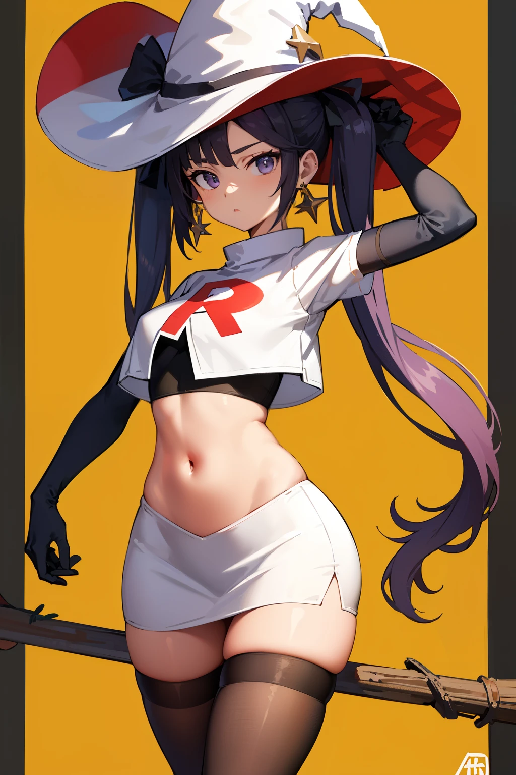 ((masterpiece,best quality)), team rocket,team rocket uniform, red letter R, white skirt,white crop top,black thigh-highs,black elbow gloves zettai ryouiki, aamona, long hair, twintails, hair ornament, black ribbon, earrings, witch hat, purple headwear, cowboy shot,