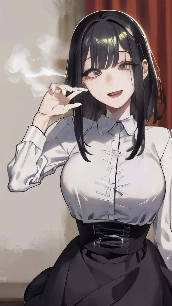 Real Mix、unreal engine 5, 100 floors, super detailed, High quality、textile shading, beautiful and fine eyes, 4K, 8K, 16K, amazing, sharp, realistic, overall details、detailed face and eyes、、super big breasts, belly button, (((Estrus, Vulgarity, Ahegao, sweat, Shiny skin、oil skin、shiny skin、,steam,lover time, Lower grade、Fellatio Gesture、beautiful eyes、beautiful eyes、detailed eyes)))
、an evil smile、grin, skirt, (underboob:1.2), evil smile, mine makeup、Mine Fashion、white shirt、レザーskirt、fishnet tights & garter belt, 黒い髪とmine makeup、midnight、atmosphere of the night、dark、No light、bedroom、bright red sheets and bed、