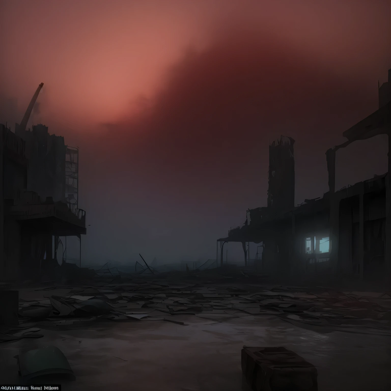 the water park is shrouded in dust and debris, with signs of destruction, and the red sky creates an atmosphere of chaos and despair