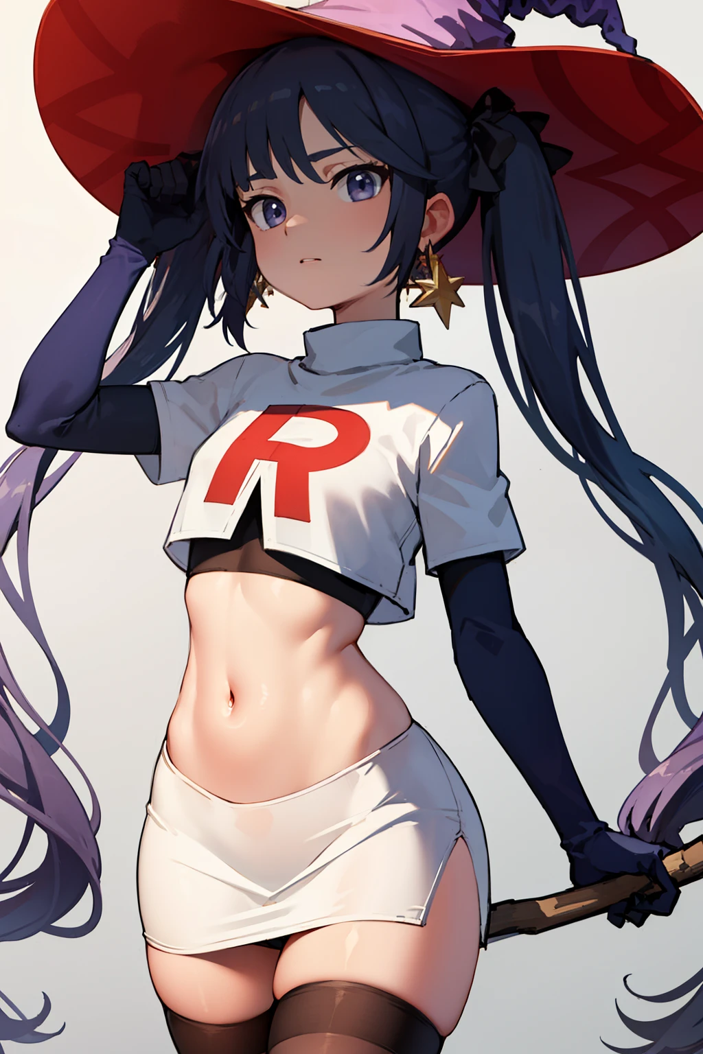 ((masterpiece,best quality)), team rocket,team rocket uniform, red letter R, white skirt,white crop top,black thigh-highs,black elbow gloves zettai ryouiki, aamona, long hair, twintails, hair ornament, black ribbon, earrings, witch hat, purple headwear, cowboy shot,