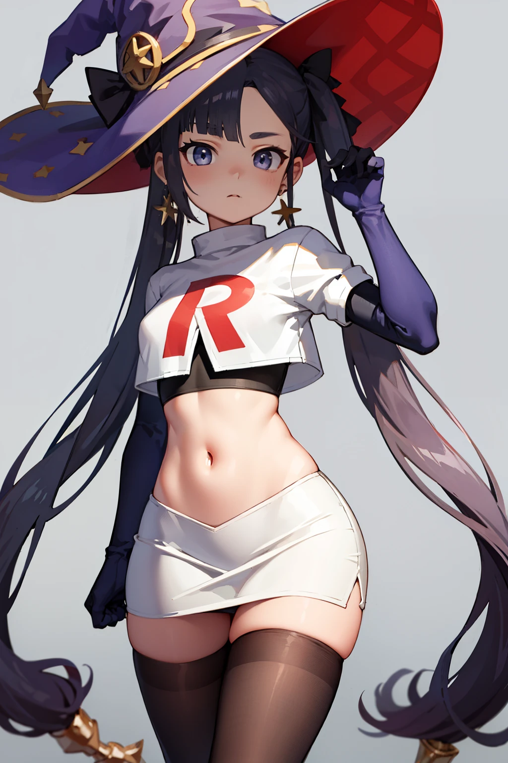 ((masterpiece,best quality)), team rocket,team rocket uniform, red letter R, white skirt,white crop top,black thigh-highs,black elbow gloves zettai ryouiki, aamona, long hair, twintails, hair ornament, black ribbon, earrings, witch hat, purple headwear, cowboy shot,