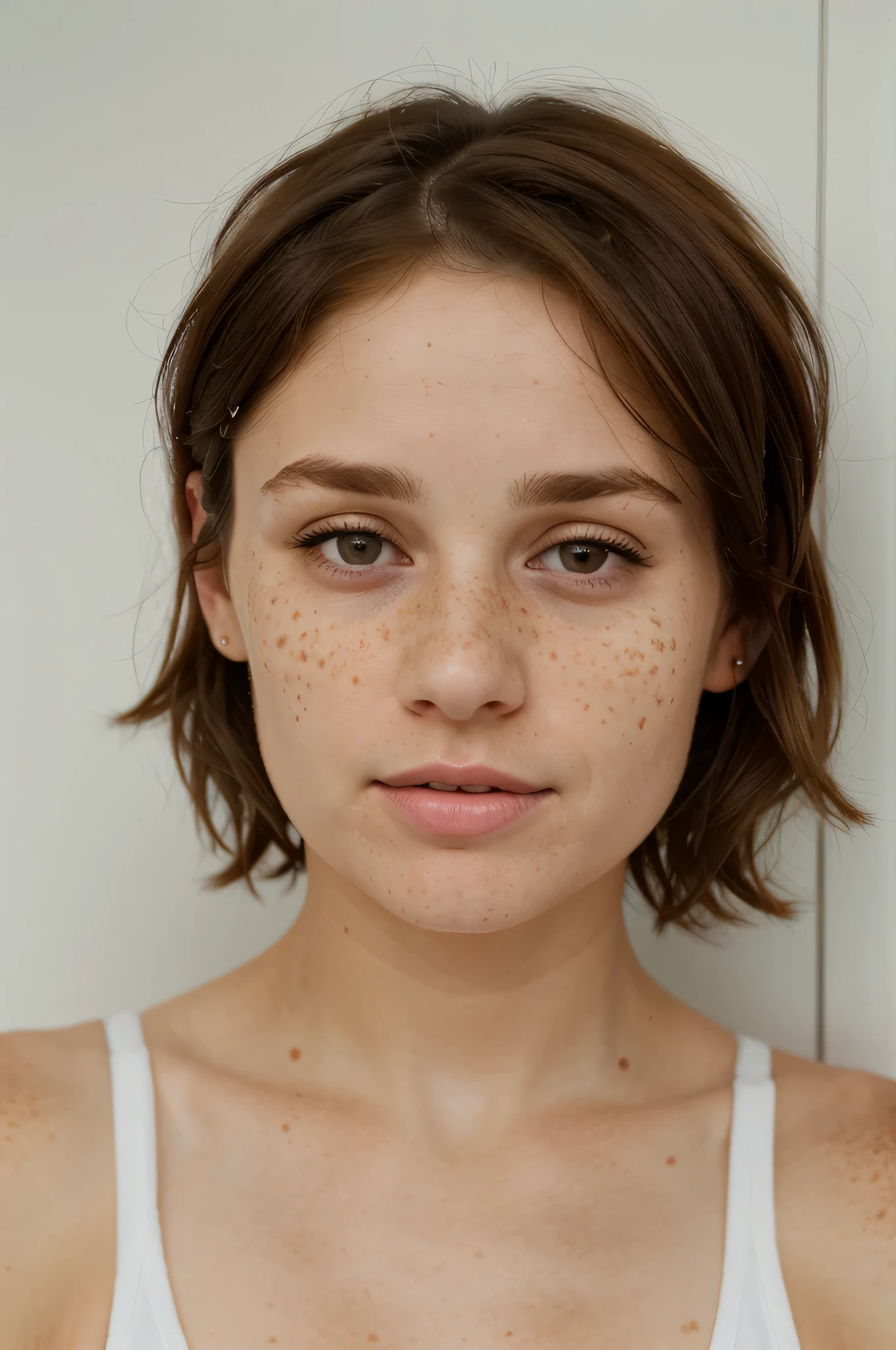 A portrait of a 35 years old gorgeous sporty girl, with very short brown hair, pale skin freckles and brown eyes, small tits