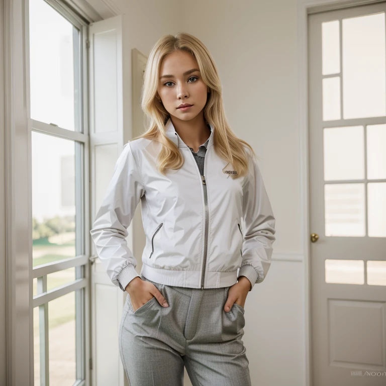 Nikon Z 85mm, Beautiful, one Petite 20-year-old elegant high-class supermodel, ((blond hair)), Bright gray eyes, ((High detailed skin, Skin Details)), Sharp Focus, 8K UHD, Digital SLR, High quality masterpiece, gorgeous russian face, wearing makeup, photo realistic, ((wearing white golf jacket and long pants)). Standing on a green golf course.