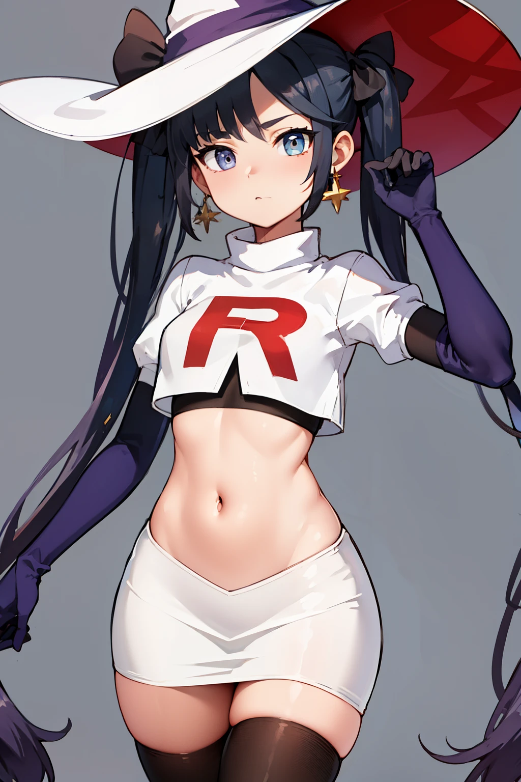 ((masterpiece,best quality)), team rocket,team rocket uniform, red letter R, white skirt,white crop top,black thigh-highs,black elbow gloves zettai ryouiki, aamona, long hair, twintails, hair ornament, black ribbon, earrings, witch hat, purple headwear, cowboy shot,