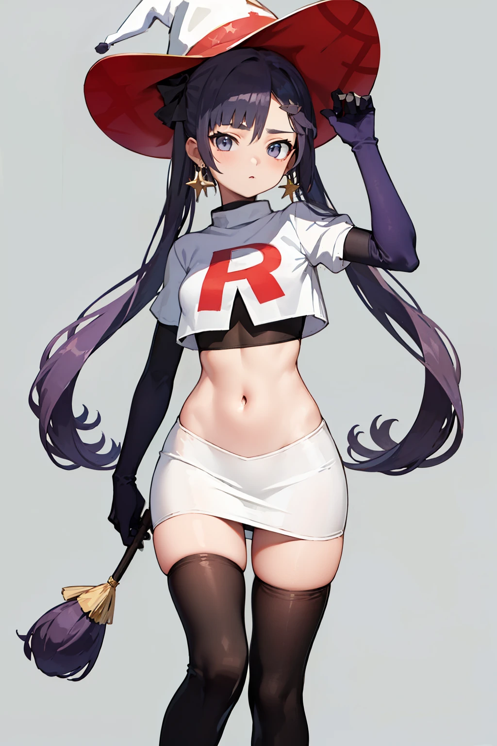 ((masterpiece,best quality)), team rocket,team rocket uniform, red letter R, white skirt,white crop top,black thigh-highs,black elbow gloves zettai ryouiki, aamona, long hair, twintails, hair ornament, black ribbon, earrings, witch hat, purple headwear, cowboy shot,