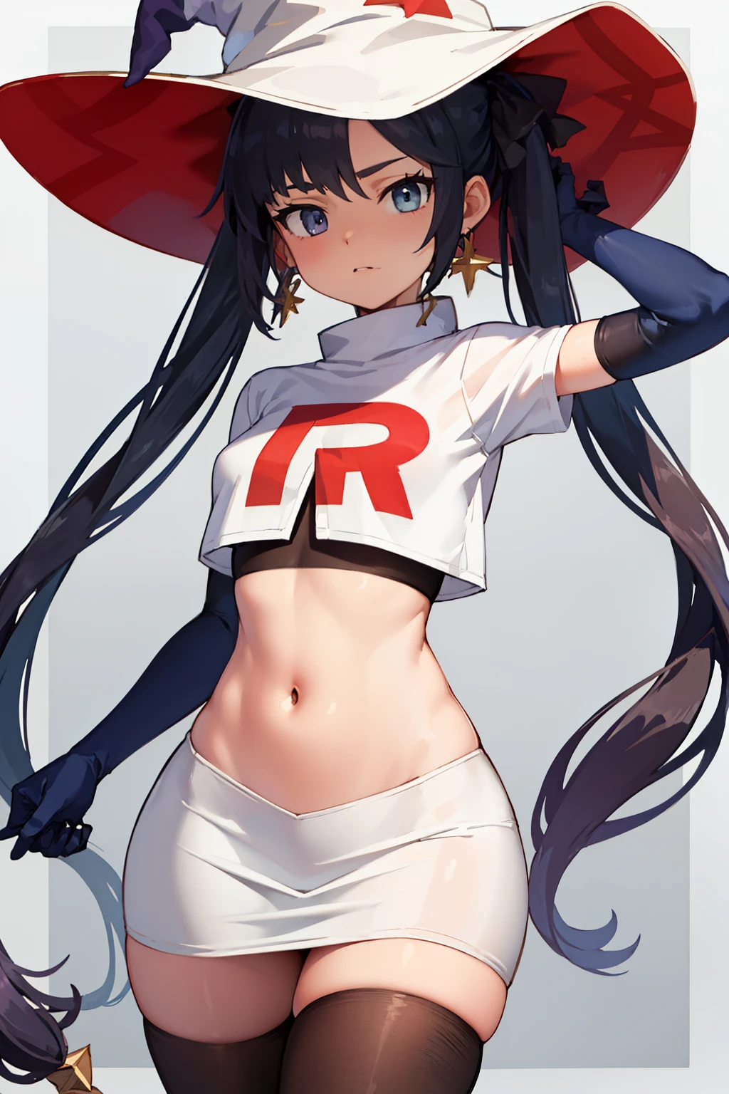 ((masterpiece,best quality)), team rocket,team rocket uniform, red letter R, white skirt,white crop top,black thigh-highs,black elbow gloves zettai ryouiki, aamona, long hair, twintails, hair ornament, black ribbon, earrings, witch hat, purple headwear, cowboy shot,