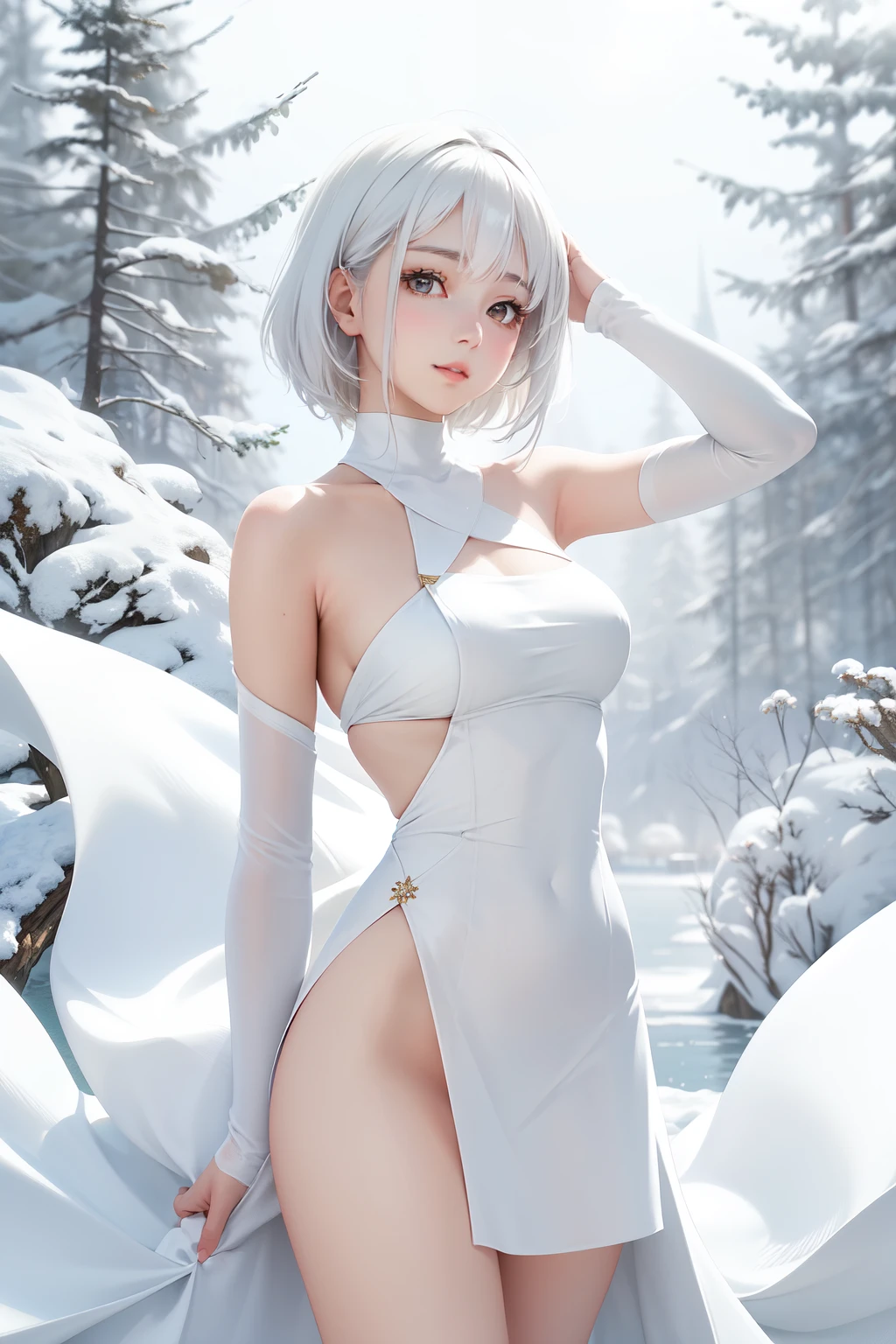 White is a beautiful color, a masterpiece of simplicity and purity. It is the best quality, ultra-detailed and extremely delicate, embodying a cinematic light that engulfs the scene. Imagine a slender, dynamic girl, dressed head to toe in white. Her skin is smooth and flawless, shining in the sunlight with a slight sheen, making her look as if she's been dipped in the purest of snow. Her short, white hair frames her delicate features, and her deep-set brown eyes sparkle with life. Surrounding her is a tranquil scenery of white buildings and trees, bathed in the soft, natural light of the sun. The long,