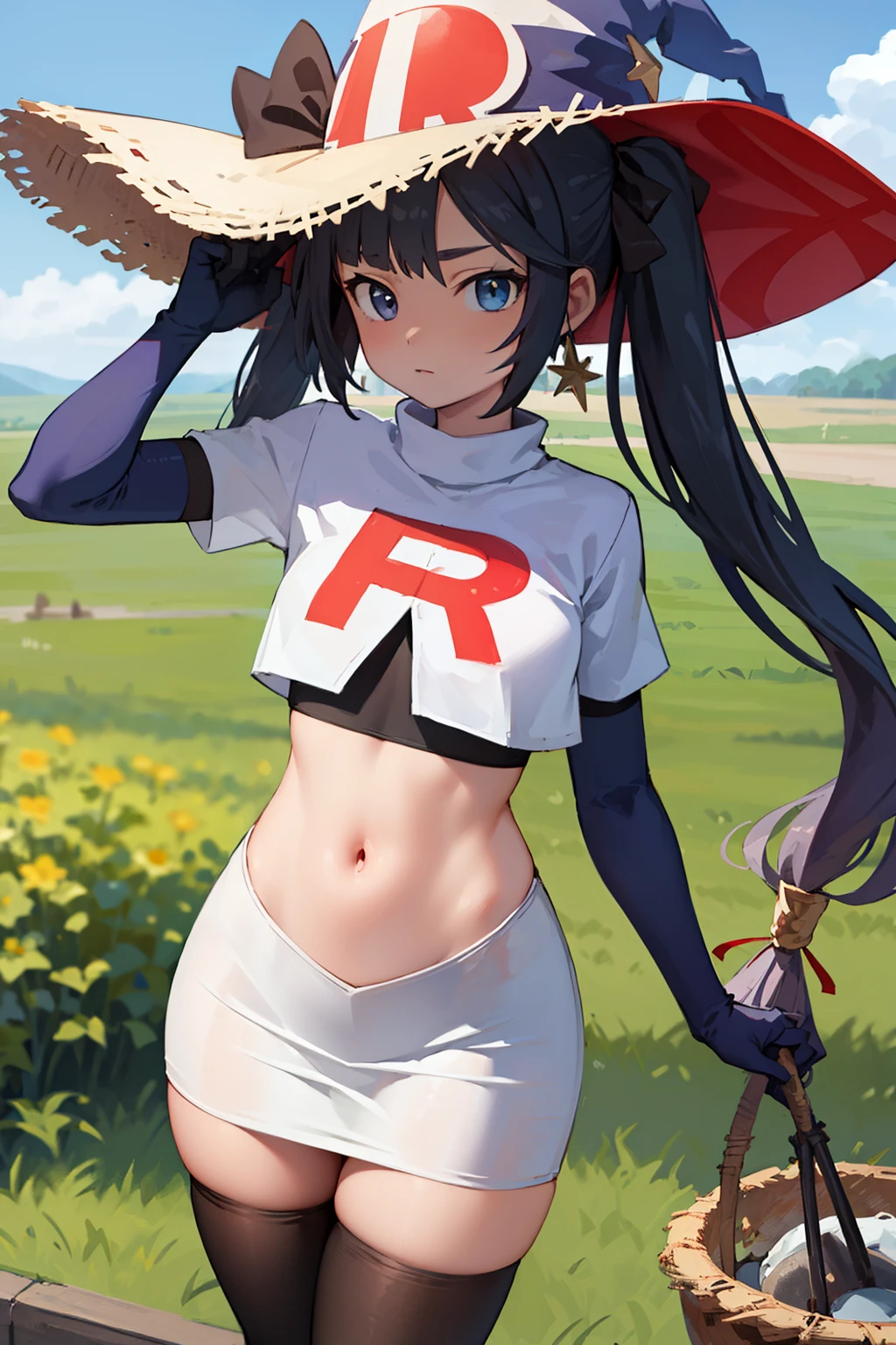 ((masterpiece,best quality)), team rocket,team rocket uniform, red letter R, white skirt,white crop top,black thigh-highs,black elbow gloves zettai ryouiki, aamona, long hair, twintails, hair ornament, black ribbon, earrings, witch hat, purple headwear, cowboy shot,