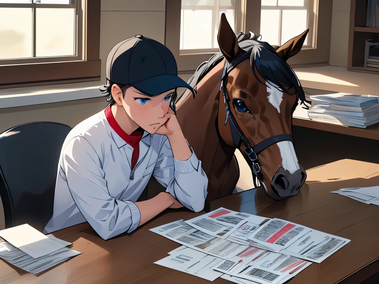 A small-town horse racer is deep in thought at home, staring at his horse racing tickets.