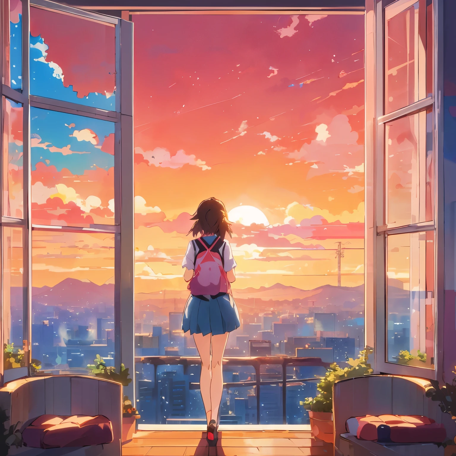 anime girl looking out of window at sunset, watching the sun set. anime, beautiful anime scene, makoto shinkai cyril rolando, anime background, beautiful anime scenery, 4k anime wallpaper, anime background art, anime beautiful peace scene, anime wallpaper 4k, anime movie background, anime wallpaper 4 k, colorful anime movie background, anime art wallpaper 4k