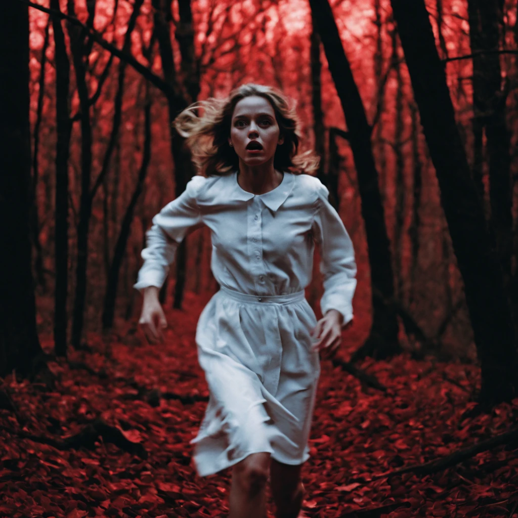 an image of a girl dressed in white running scared through the woods, in the style of B-movie horror film/video, close-up, city portraits, blurry details, giallo film, 1970s, dark and creepy, night scene, (((red colors)))