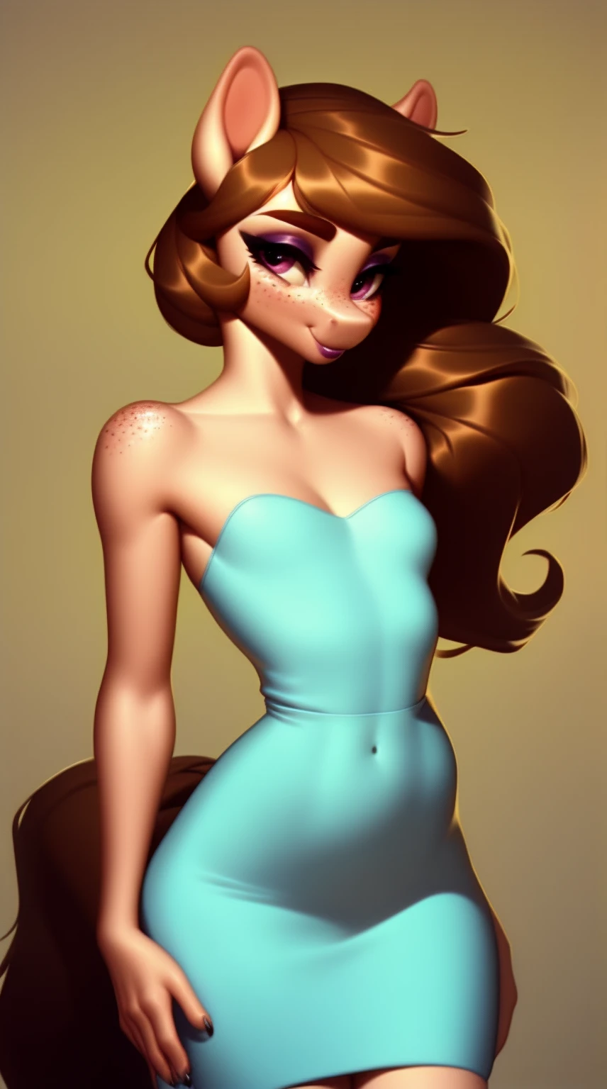(score_9), (source_ derpibooru_p_95), (earth pony), ((anthro oc pony :1.1)), (shoulderless sexy tight dress), blushing, solo, realistic long brown hair, bangs, anatomically correct, flat chest, curvy figure, skinny waist, hips, high res, pink bottom lip, extremely detailed, tween, filly, absolutely stunning, freckles, makeup, 