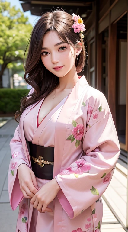 Female((18 years old)), hair((brown)), eyes((brown, smart eyes)), clothes((formal kimono, pink)), smile, big , Japanese temple, flower petals, happy facial, open kimono, cleavage