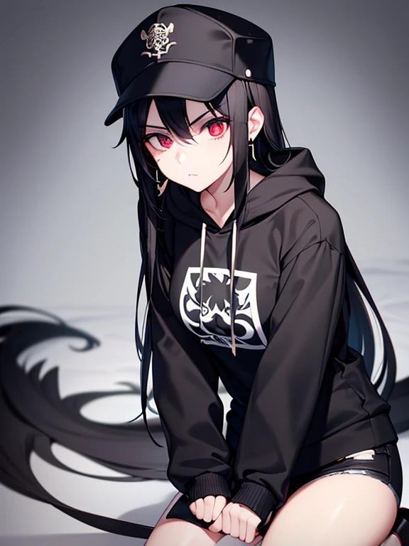 she has a fair complex fair skin and, wearing a black cap plain and she has long a black hair, she wearing black earrings, as her eyes gray, as she wearing a black hoodie has white Chinese Dragon through her hoodie around, and she has white watch through her wrists and wearing a tight black jeans her expression serious 