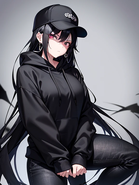 she has a fair complex fair skin and, wearing a black cap plain and she has long a black hair, she wearing black earrings, as her eyes gray, as she wearing a black hoodie has white Chinese Dragon through her hoodie around, and she has white watch through her wrists and wearing a tight black jeans her expression serious 