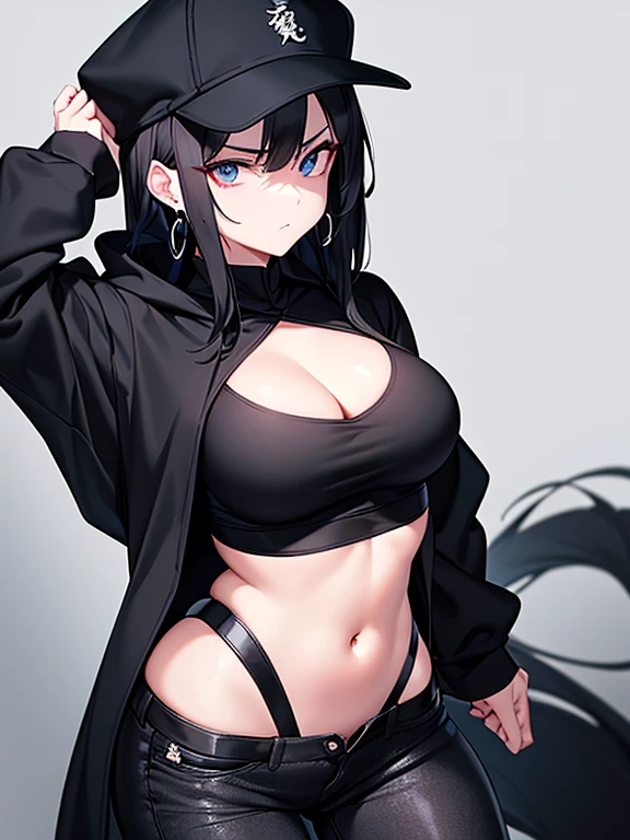 she has a fair complex fair skin and, wearing a black cap plain and she has long a black hair, she wearing black earrings, as her eyes gray, as she wearing a black hoodie has white Chinese Dragon through her hoodie around, and she has white watch through her wrists and wearing a tight black jeans her expression serious