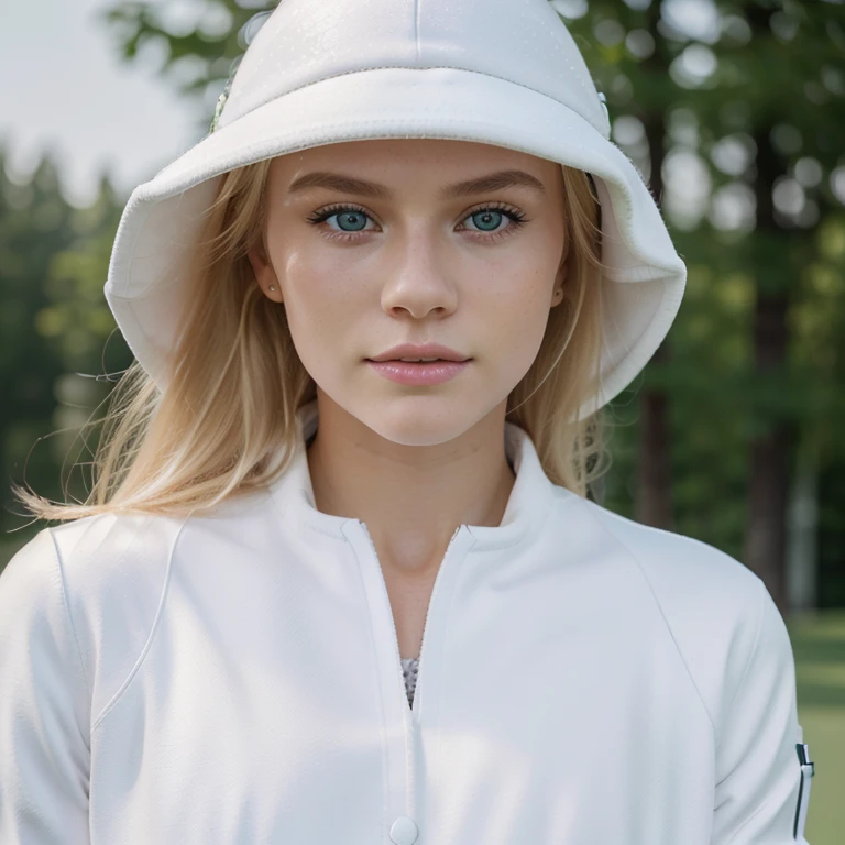 Nikon Z 85mm, Beautiful, one Petite 20-year-old elegant high-class supermodel, ((blond hair)), Bright gray eyes, ((High detailed skin, Skin Details)), Sharp Focus, 8K UHD, Digital SLR, High quality masterpiece, gorgeous russian face, wearing makeup, photo realistic, ((wearing white golf jacket)). (Standing on a green golf course.) (((Closeup)))